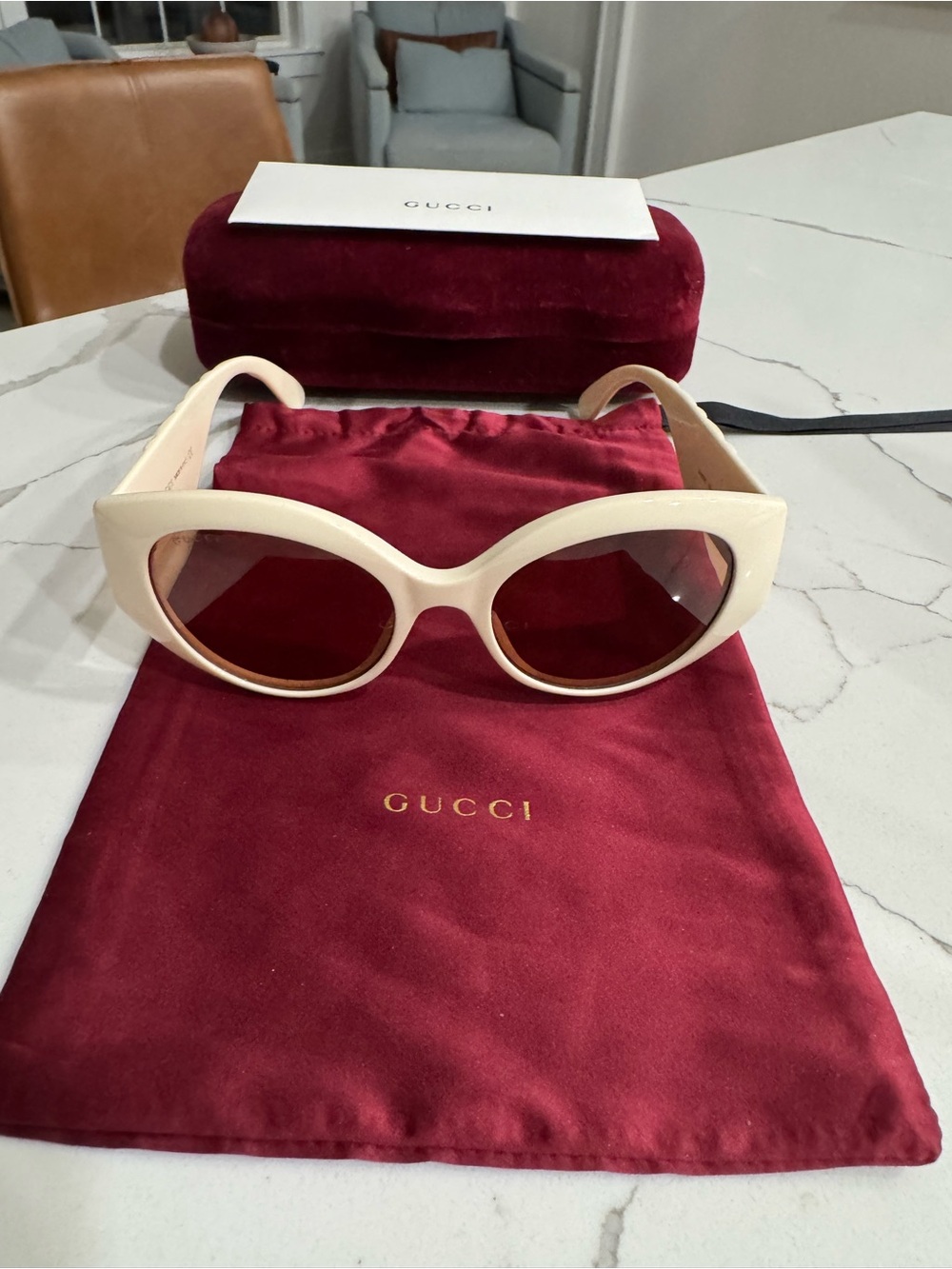 Gucci Cream Oval Sunglasses with Brown Tinted Lenses